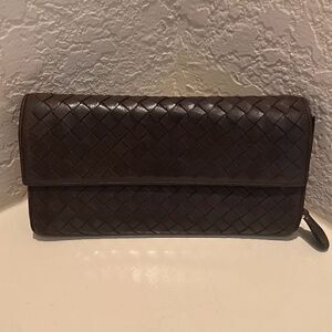 Bottega Veneta Nappa Intrecciato Zip Around Wallet Dark Brown Woven Leather